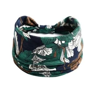 Beautiful Boho Style Navy Green White Floral Wide Brim Knoted Headband